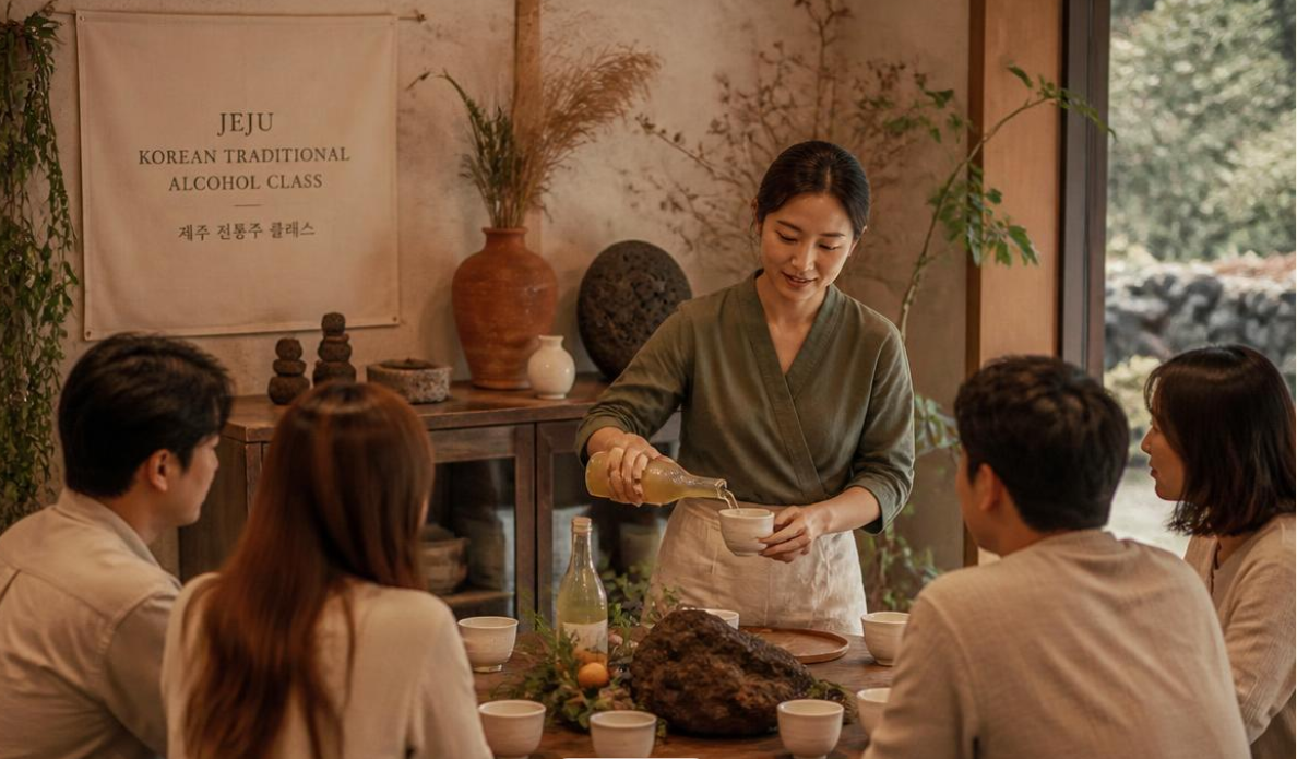 제주 전통주 클래스에서 술을 따르는 모습