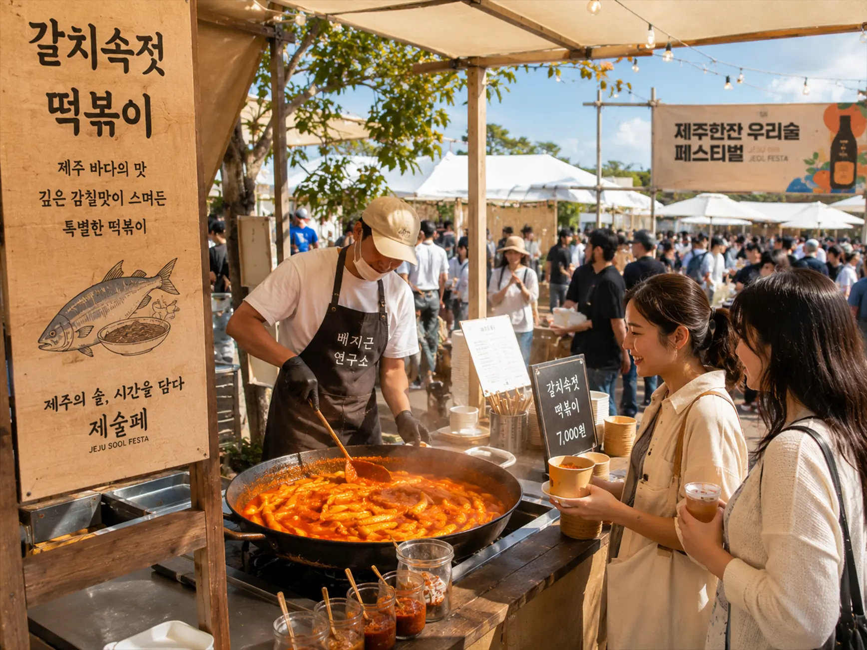페스티벌 푸드 부스에서 갈치속젓 떡볶이를 조리하는 모습